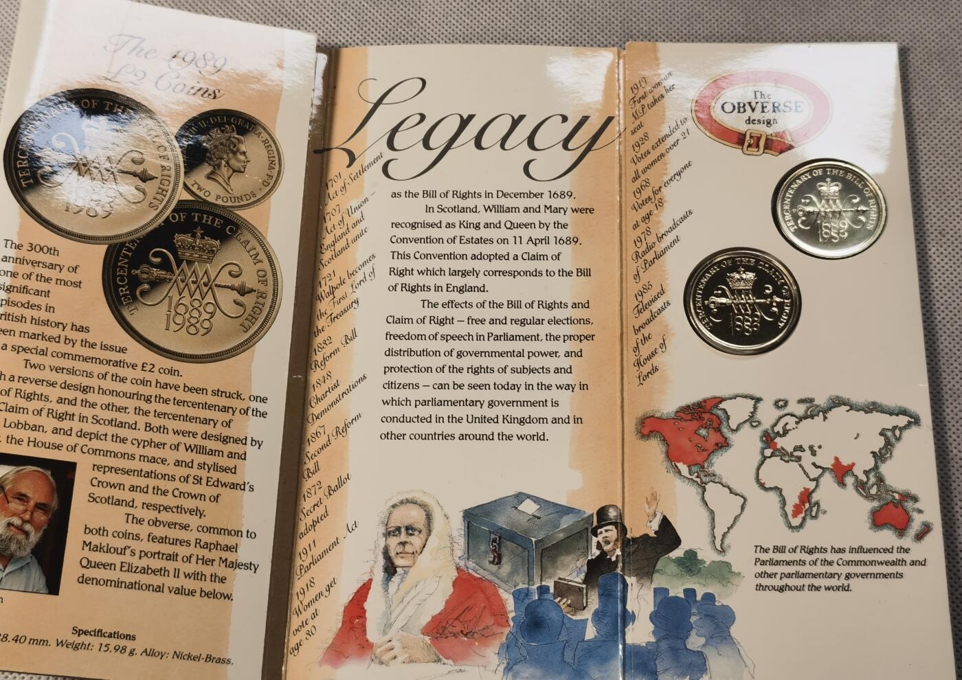  甄臻铺-世界币章拍卖（第15期）套币，现代银币专场。送拍享返佣金等优惠多多 英国权利法案2镑伊丽莎白二世 1989年 2英镑铜镍合金纪念套币卡册 权利法案300周年纪念系列 2枚