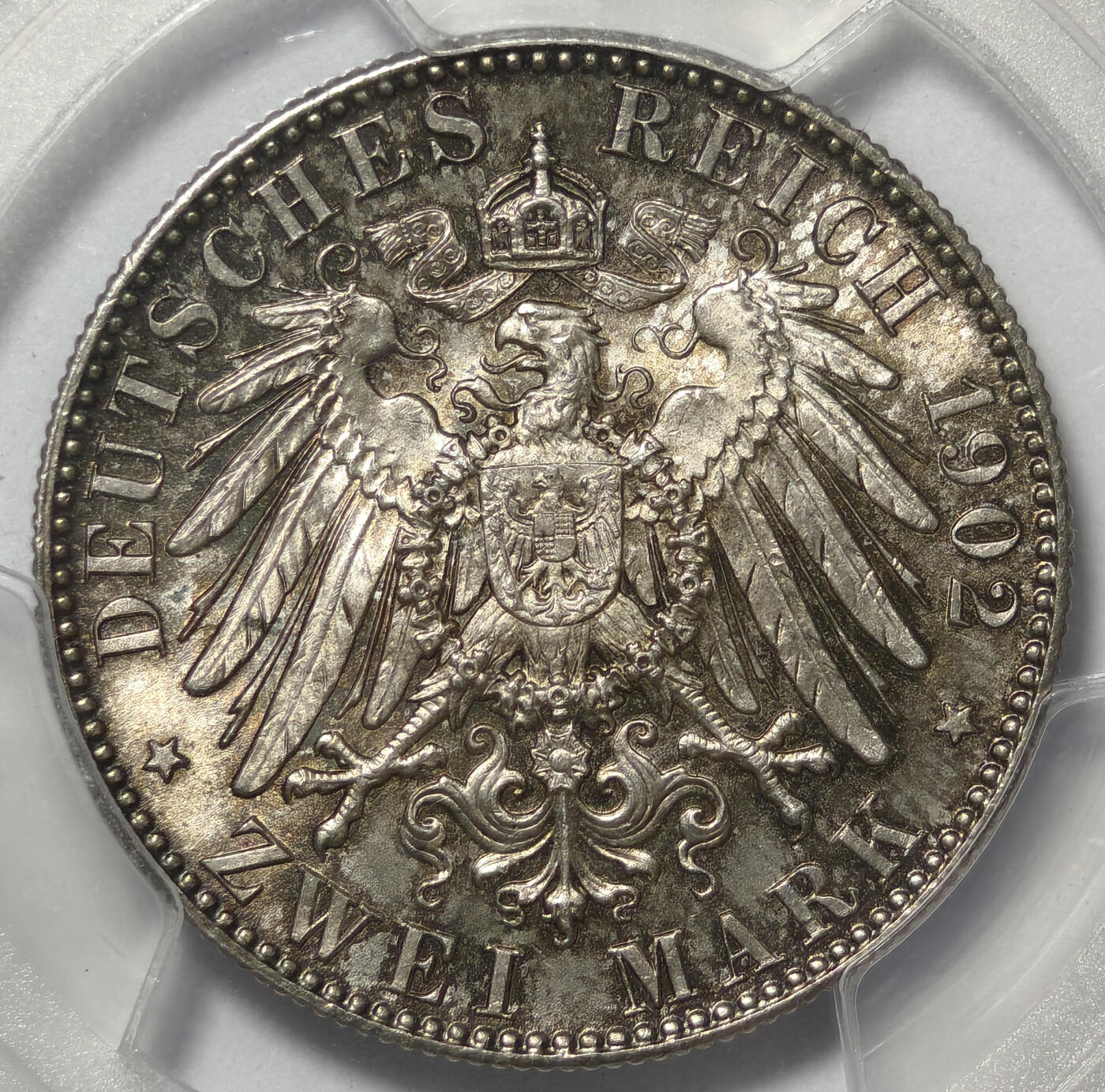 紫瑗钱币——第545期 德国 萨克森王国 1902年 E版 乔治国王 2马克银币 PCGS MS66 淡彩