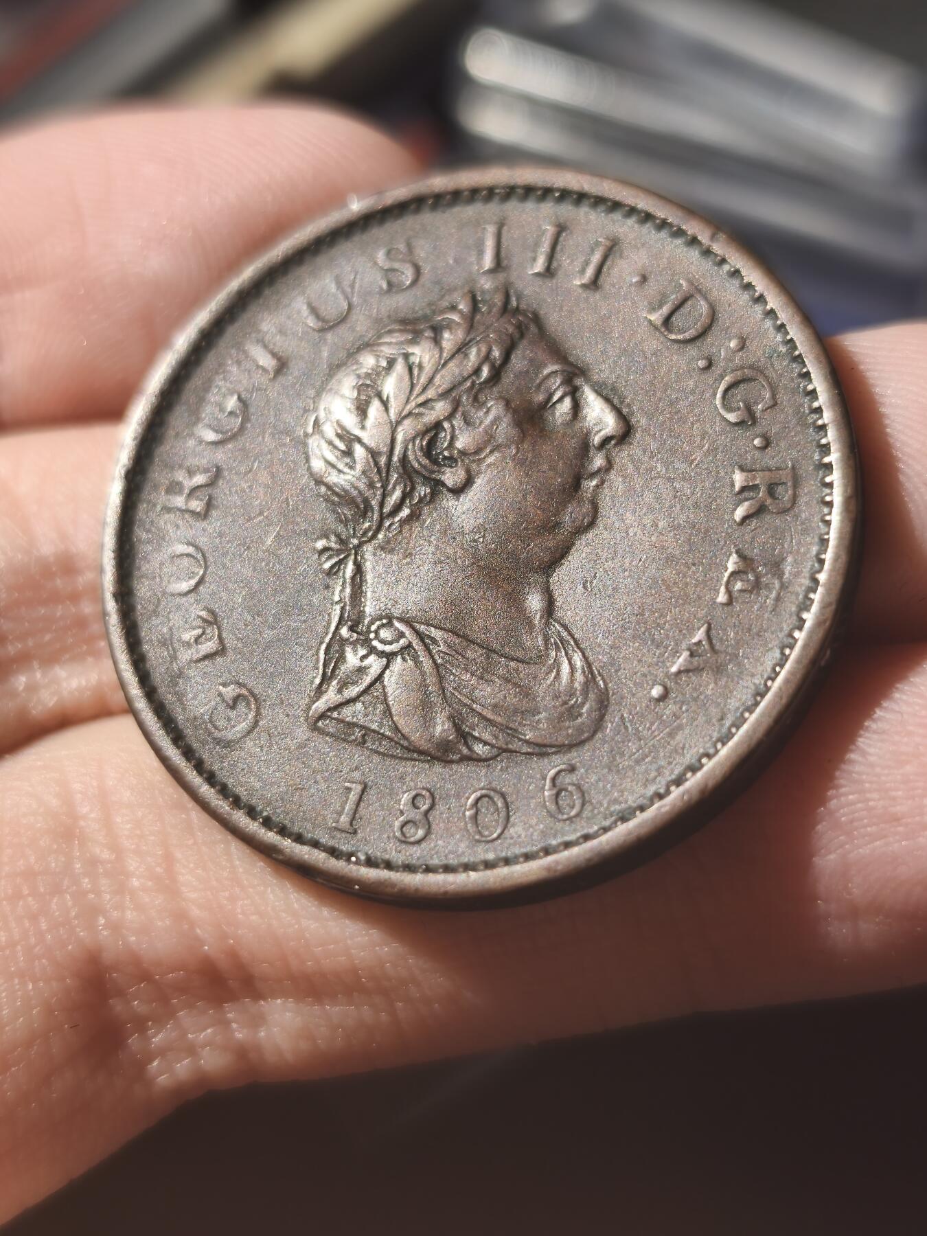 星盘世界钱币《穿越千年时光来到你的藏匣 》--5.9全球珍币拍卖夜 乔治三世1806年一便士，Xf顶级好品，包浆非常漂亮，18.4克大铜币