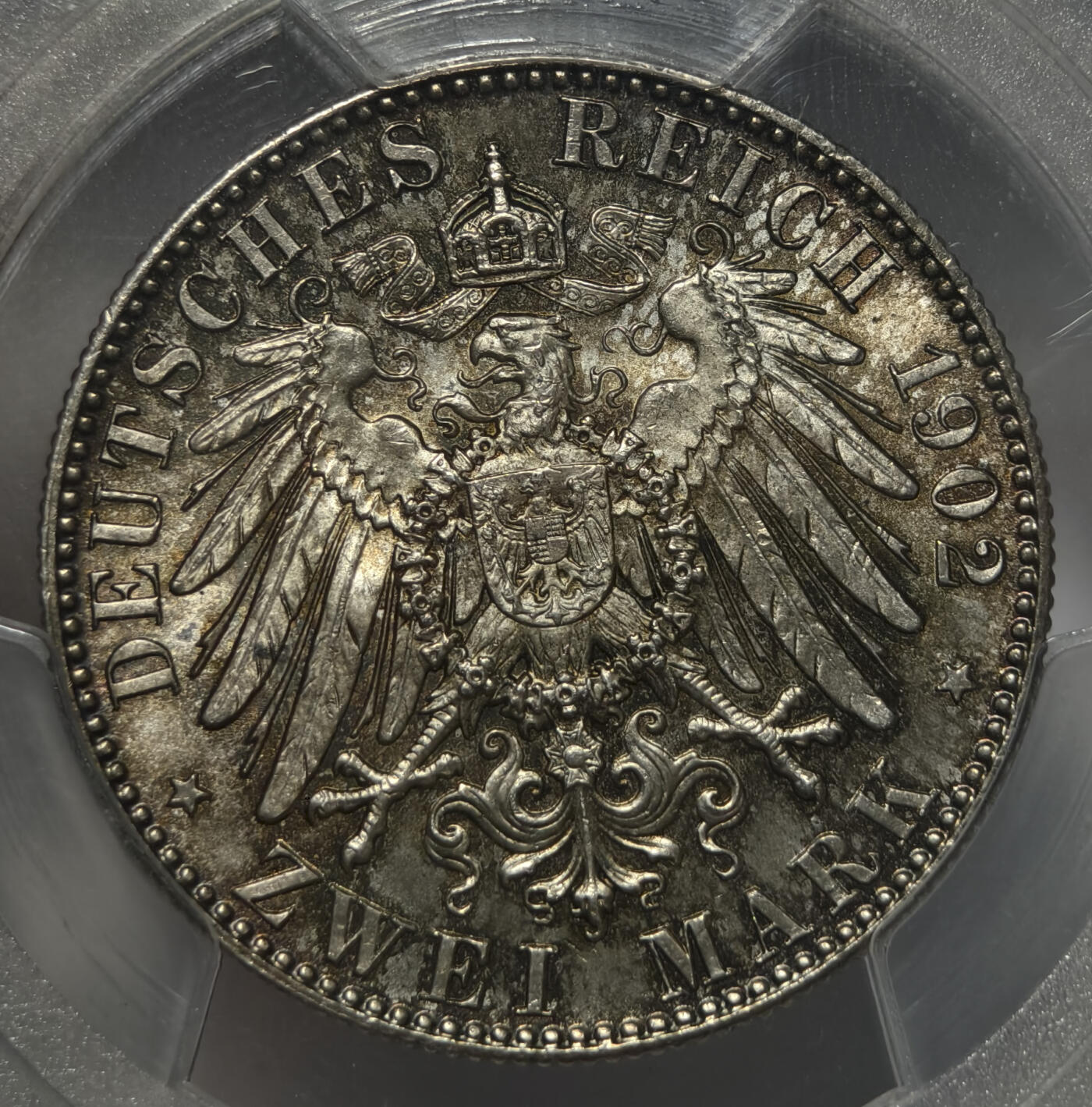 紫瑗钱币——第545期 德国 萨克森王国 1902年 E版 乔治国王 2马克银币 PCGS MS66 淡彩