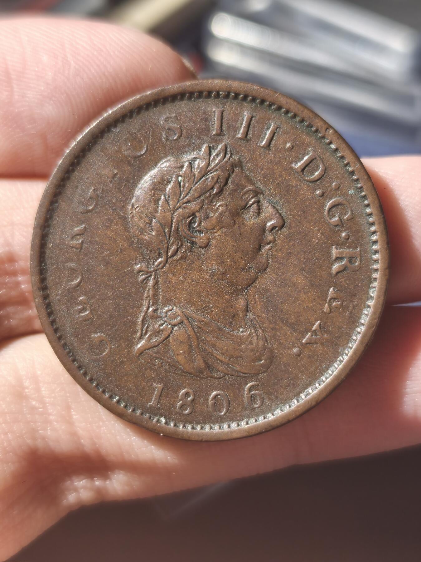 星盘世界钱币《穿越千年时光来到你的藏匣 》--5.9全球珍币拍卖夜 乔治三世1806年一便士，Xf顶级好品，包浆非常漂亮，18.4克大铜币