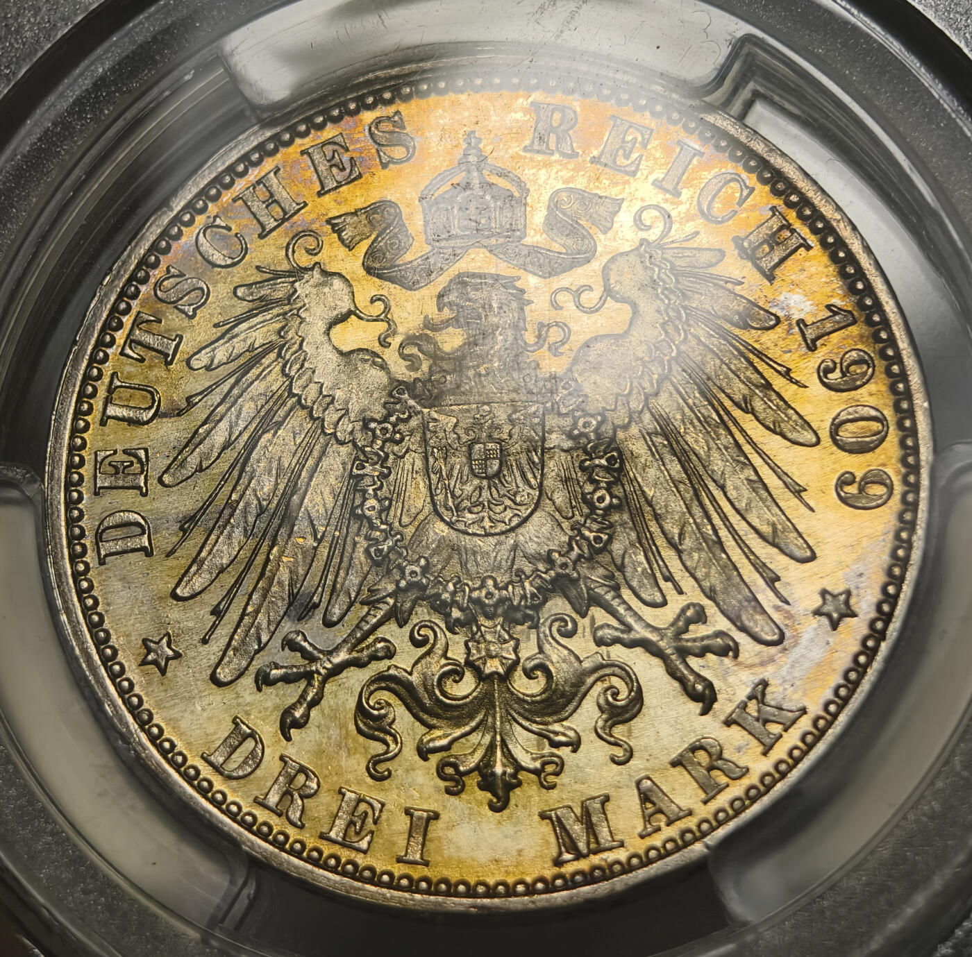 紫瑗钱币——第545期 德国 巴登大公国 1909年 G版 腓特烈二世(弗里德里希二世) 3马克 PCGS MS65 黄油包浆 盒子小磕碰，不影响气密性