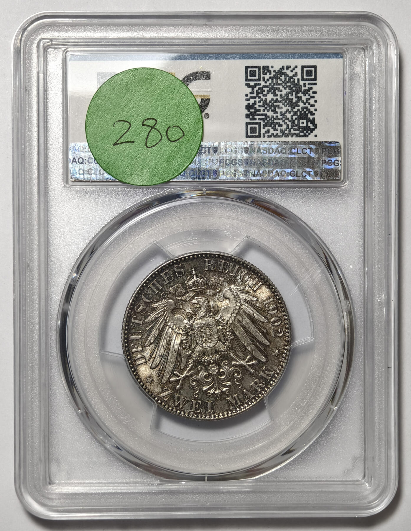 紫瑗钱币——第545期 德国 萨克森王国 1902年 E版 乔治国王 2马克银币 PCGS MS66 淡彩