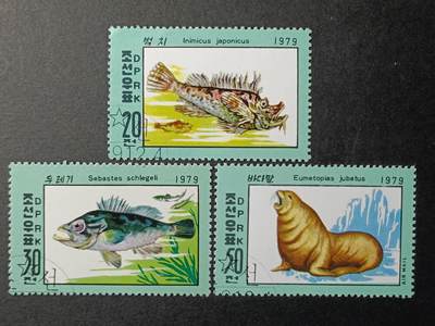 ↓君缘收藏504期☞钱币邮品↓无佣金、可寄存、满30元包邮  - 朝鲜邮票，1979年海洋动物 鱼类海豹邮票3全