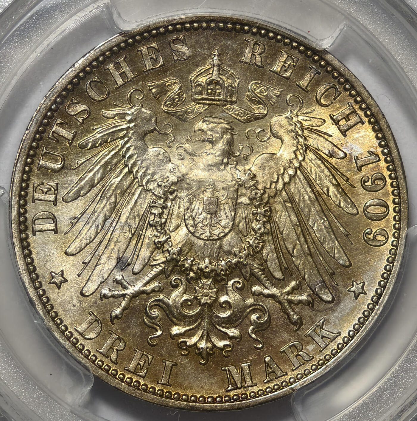 紫瑗钱币——第545期 德国 巴登大公国 1909年 G版 腓特烈二世(弗里德里希二世) 3马克 PCGS MS65 黄油包浆 盒子小磕碰，不影响气密性