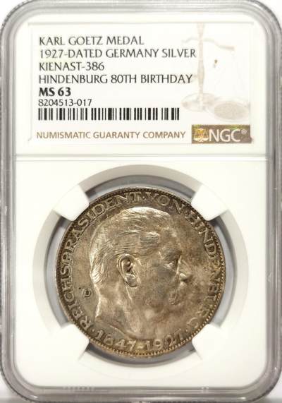博洋堂世界钱币拍卖第121期（全场包邮） - NGC MS63 德国1927年兴登堡银章