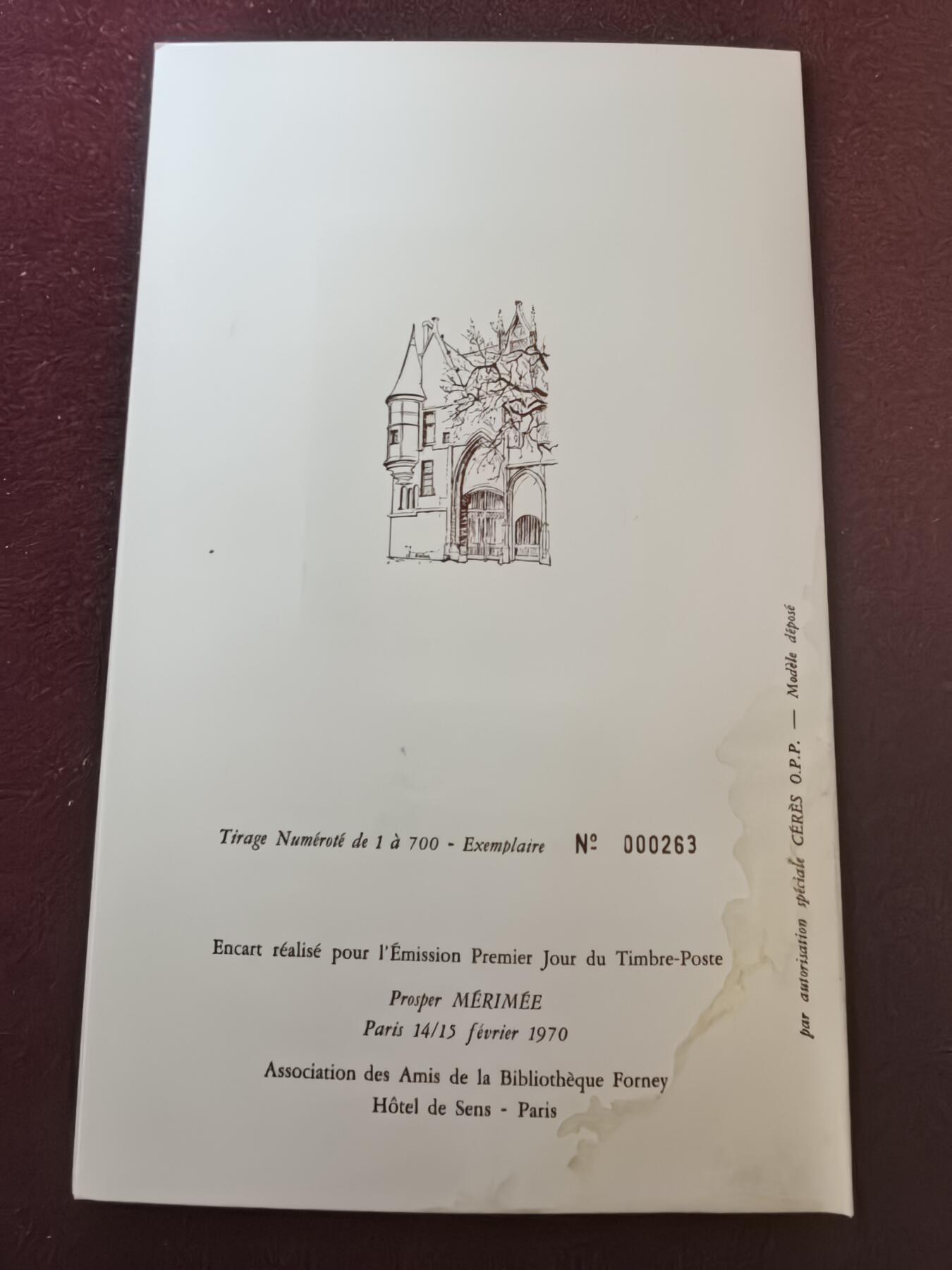 联合阁邮币社™ ——“精品多国邮品” 法国1970 作家 普罗斯佩·梅里美 卡门 斗牛场  雕刻版(有雕刻家签名)