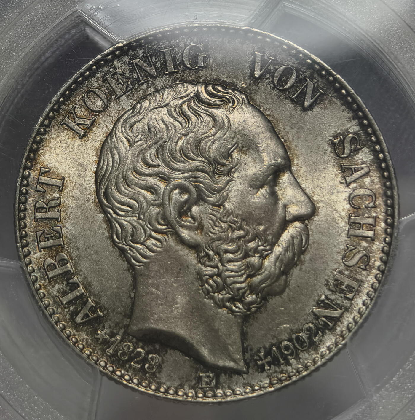 紫瑗钱币——第545期 德国 萨克森王国 1902年 E版 乔治国王 2马克银币 PCGS MS66 淡彩