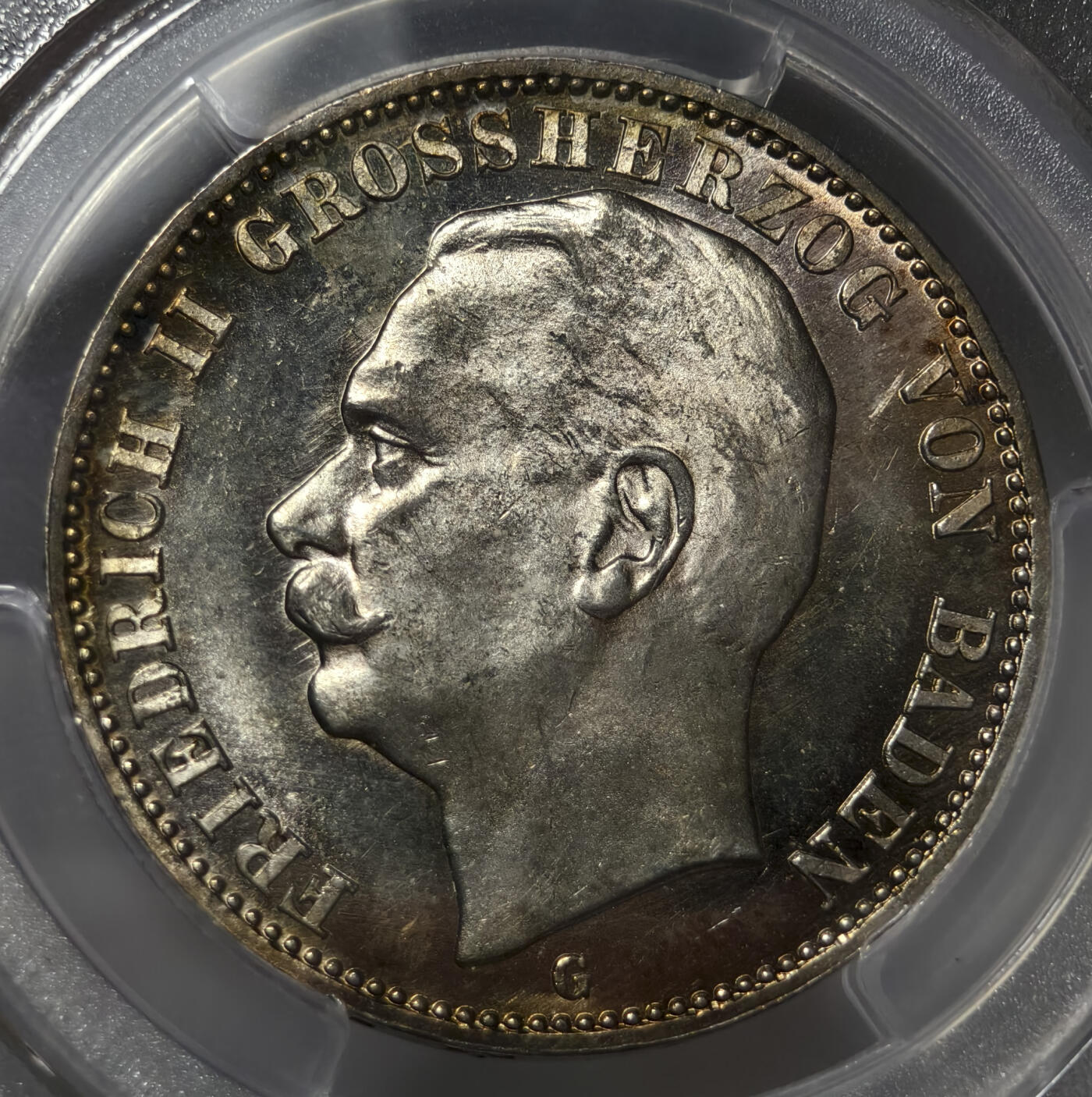 紫瑗钱币——第545期 德国 巴登大公国 1909年 G版 腓特烈二世(弗里德里希二世) 3马克 PCGS MS65 黄油包浆 盒子小磕碰，不影响气密性