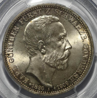 紫瑗钱币——第545期 - 德国  1909 A版 施瓦兹堡-松德豪森公国 (施瓦兹堡-桑德豪森德国各州)  卡尔·京特王子去世 3马克 PCGS MS65 老盒 淡彩