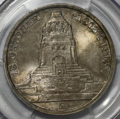 紫瑗钱币——第543期 - 德国 萨克森 1913年 E版 莱比锡纪念碑 3马克 PCGS MS65 老盒 黄油包浆
