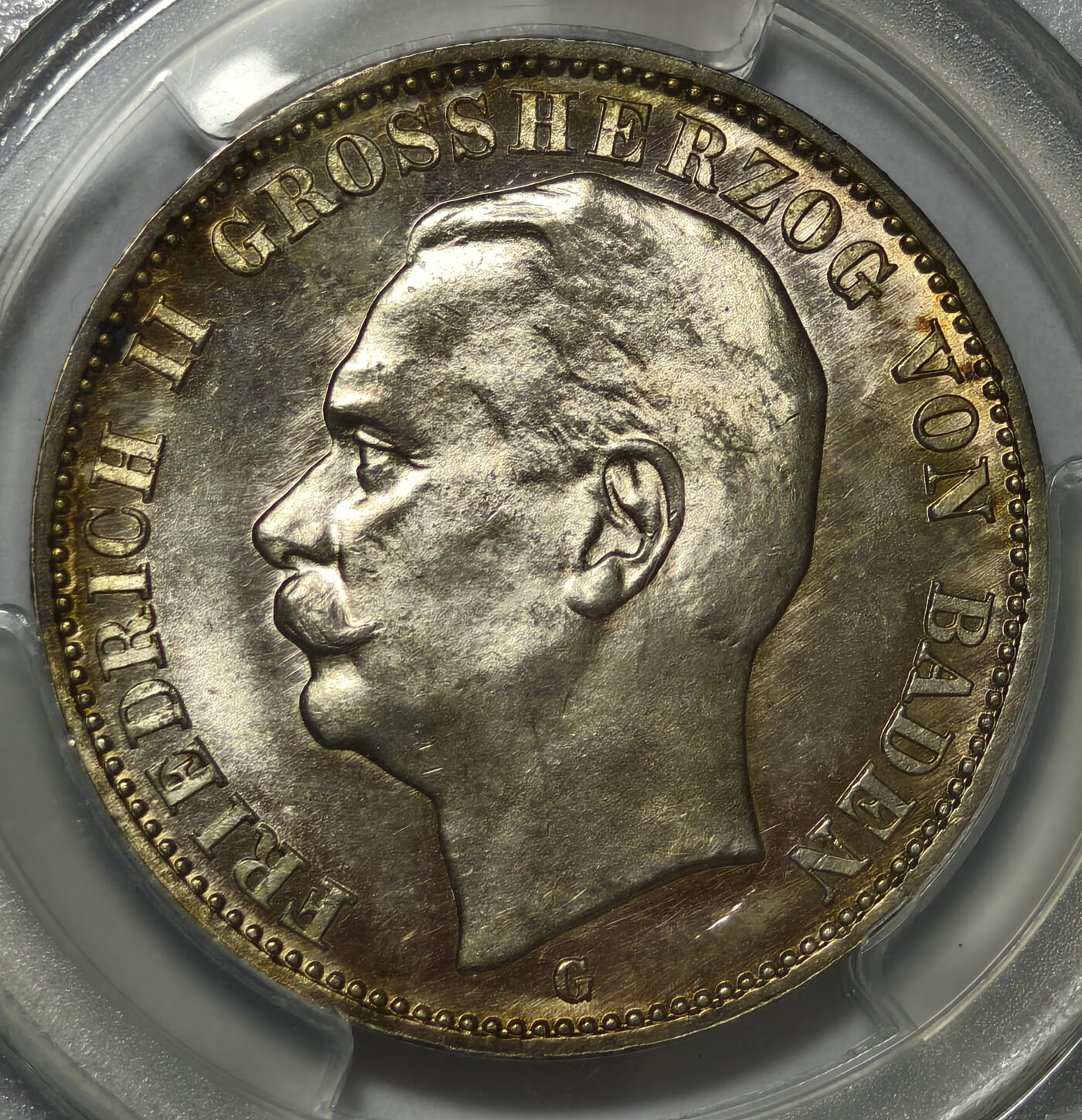 紫瑗钱币——第545期 德国 巴登大公国 1909年 G版 腓特烈二世(弗里德里希二世) 3马克 PCGS MS65 黄油包浆 盒子小磕碰，不影响气密性