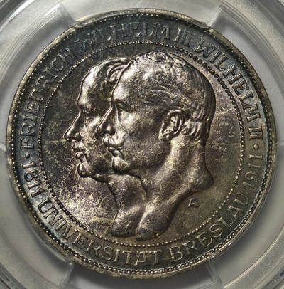 紫瑗钱币——第543期 - 德国 1911年 A版 德国普鲁士布雷斯劳大学3马克银币  紫罗兰色包浆极美 PCGS MS66 
