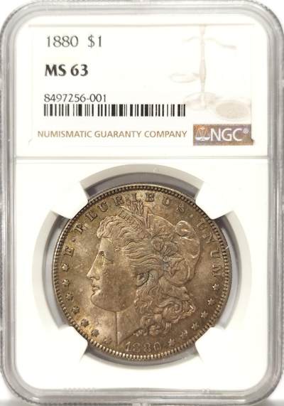 博洋堂世界钱币拍卖第121期（全场包邮） - NGC MS63 美国1880年摩根银币，双面深彩，包浆醇厚。转光丝滑，略少见的无厂标费城版。