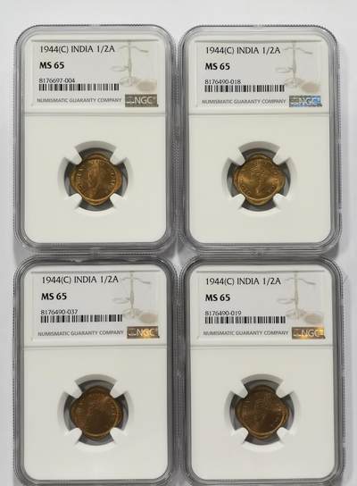 博洋堂世界钱币拍卖第121期（全场包邮） - NGC MS65 英属印度1944年C版乔治六世1/2安娜铜币4枚一组