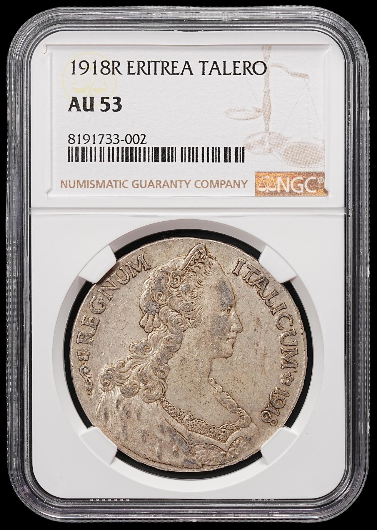 修遠堂世界钱币第六十八期 NGC AU53 1918年意属厄立特里亚1泰勒大银币 原味包浆
