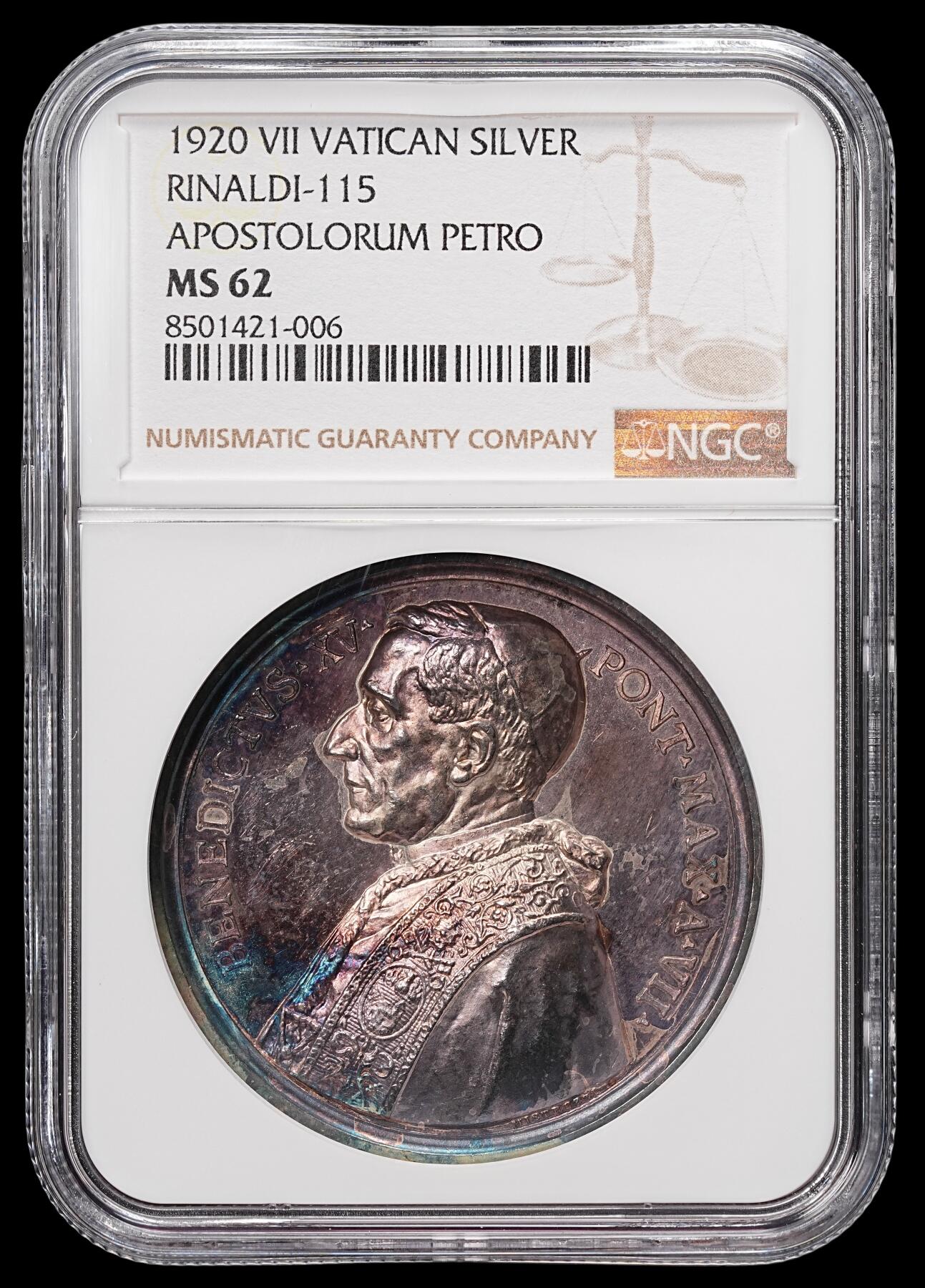 修遠堂世界钱币第六十八期 NGC MS62 1920年梵蒂冈-阿诺七世圣杰罗姆和圣埃法伦封圣纪念高浮雕大银章 重紫罗兰包浆