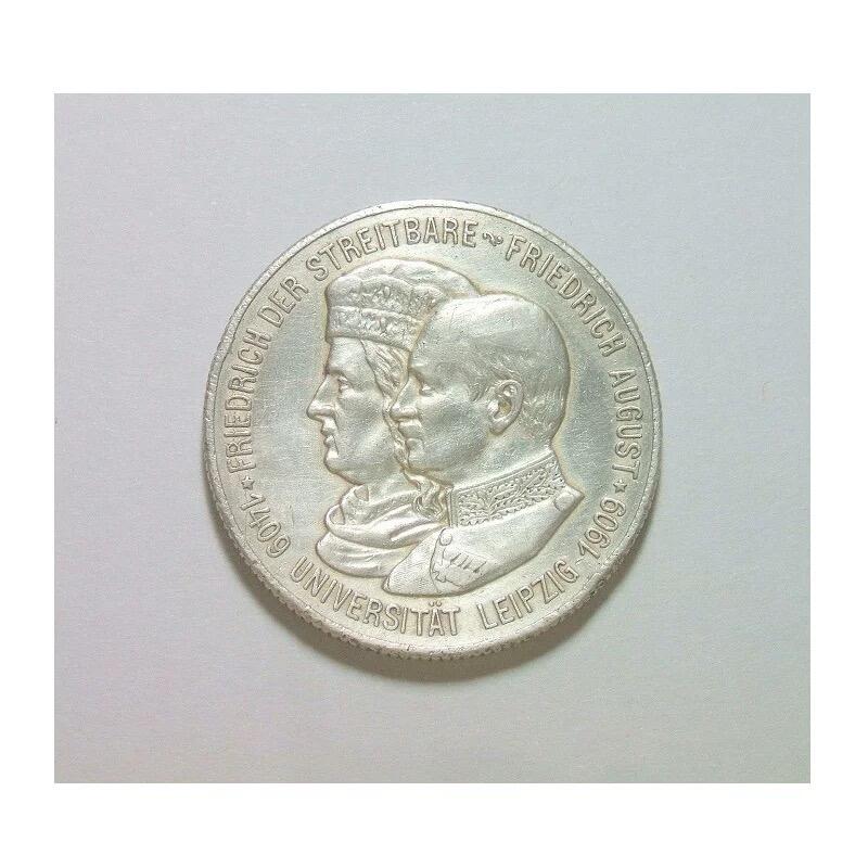 【银】德国萨克森1909年 莱比锡大学2马克银币 爽品