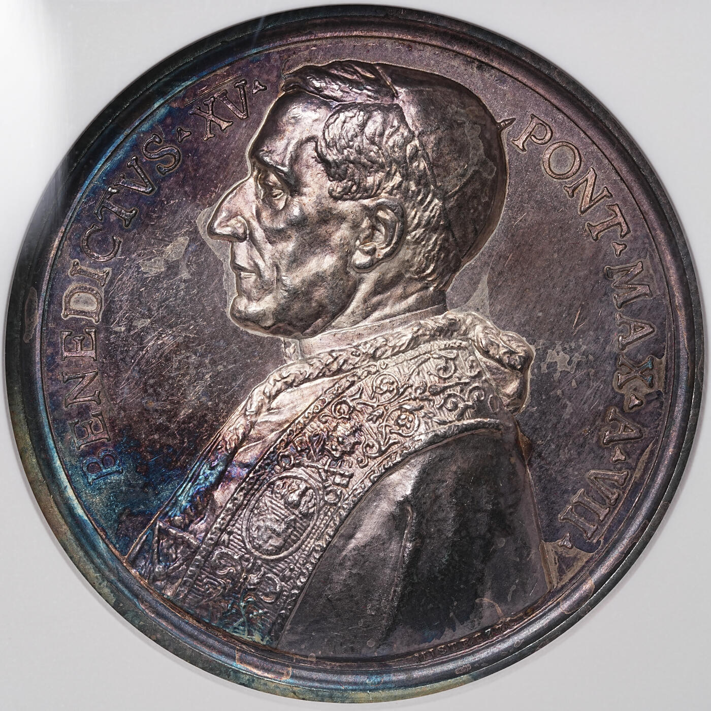 修遠堂世界钱币第六十八期 NGC MS62 1920年梵蒂冈-阿诺七世圣杰罗姆和圣埃法伦封圣纪念高浮雕大银章 重紫罗兰包浆