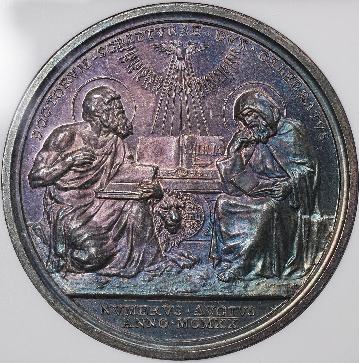 修遠堂世界钱币第六十八期 NGC MS62 1920年梵蒂冈-阿诺七世圣杰罗姆和圣埃法伦封圣纪念高浮雕大银章 重紫罗兰包浆