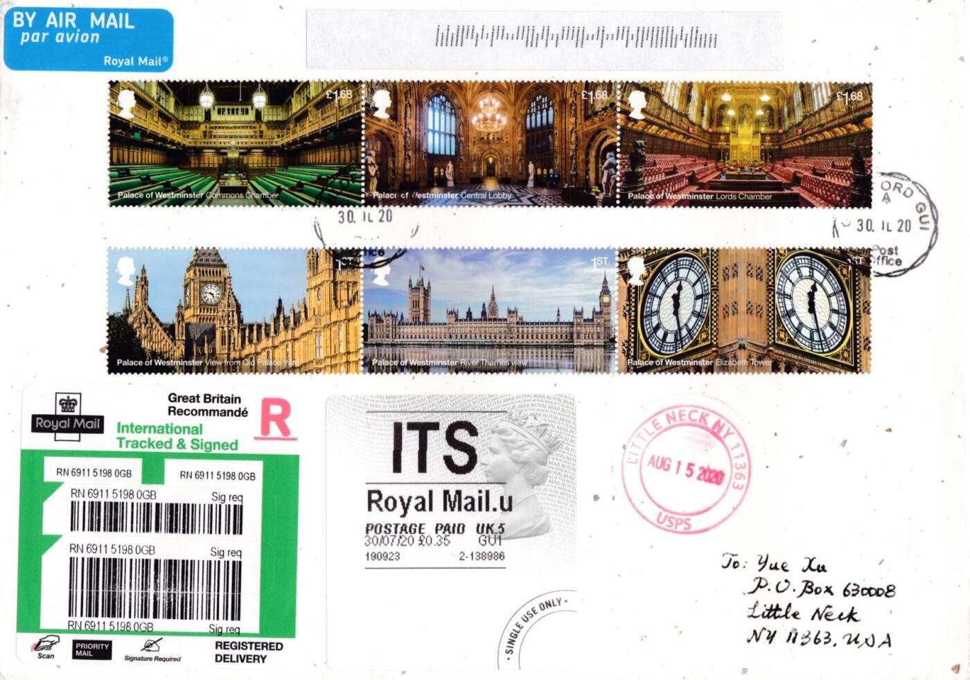05月08日（周四）20:00法国 英国 日本 中国邮政首日实寄封专场（有抗疫邮品） 2020英国《威斯敏斯特宫》套票 女王头邮资标签补资 和纸信封首日挂寄美国 一套一枚