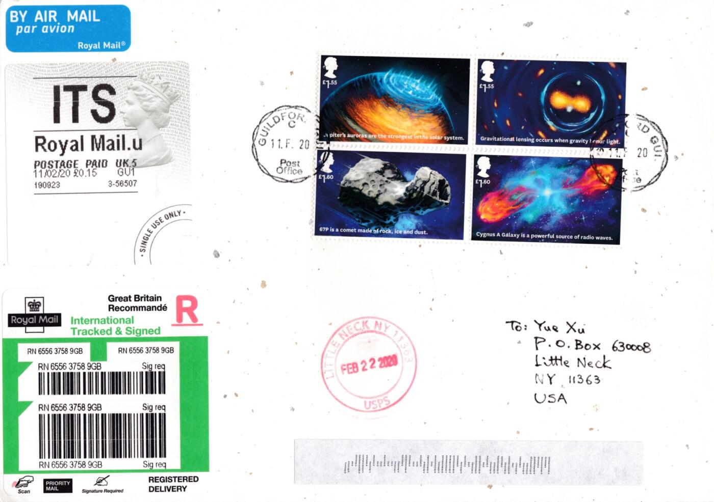 05月08日（周四）20:00法国 英国 日本 中国邮政首日实寄封专场（有抗疫邮品） 2020英国《宇宙奇观》套票 女王头邮资标签补资 和纸信封首日挂寄美国 一套2枚