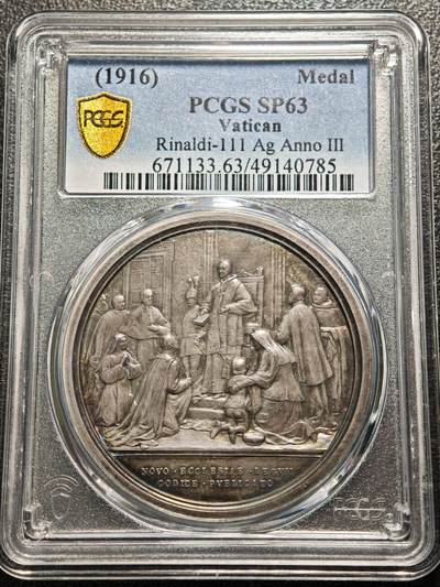 【德藏】世界币章拍卖第128期（拍品征集中~欢迎藏友联系） - 1916年 梵蒂冈本笃十五世教皇庆祝新《教会法典》通过高浮雕纪念银章 PCGS SP63