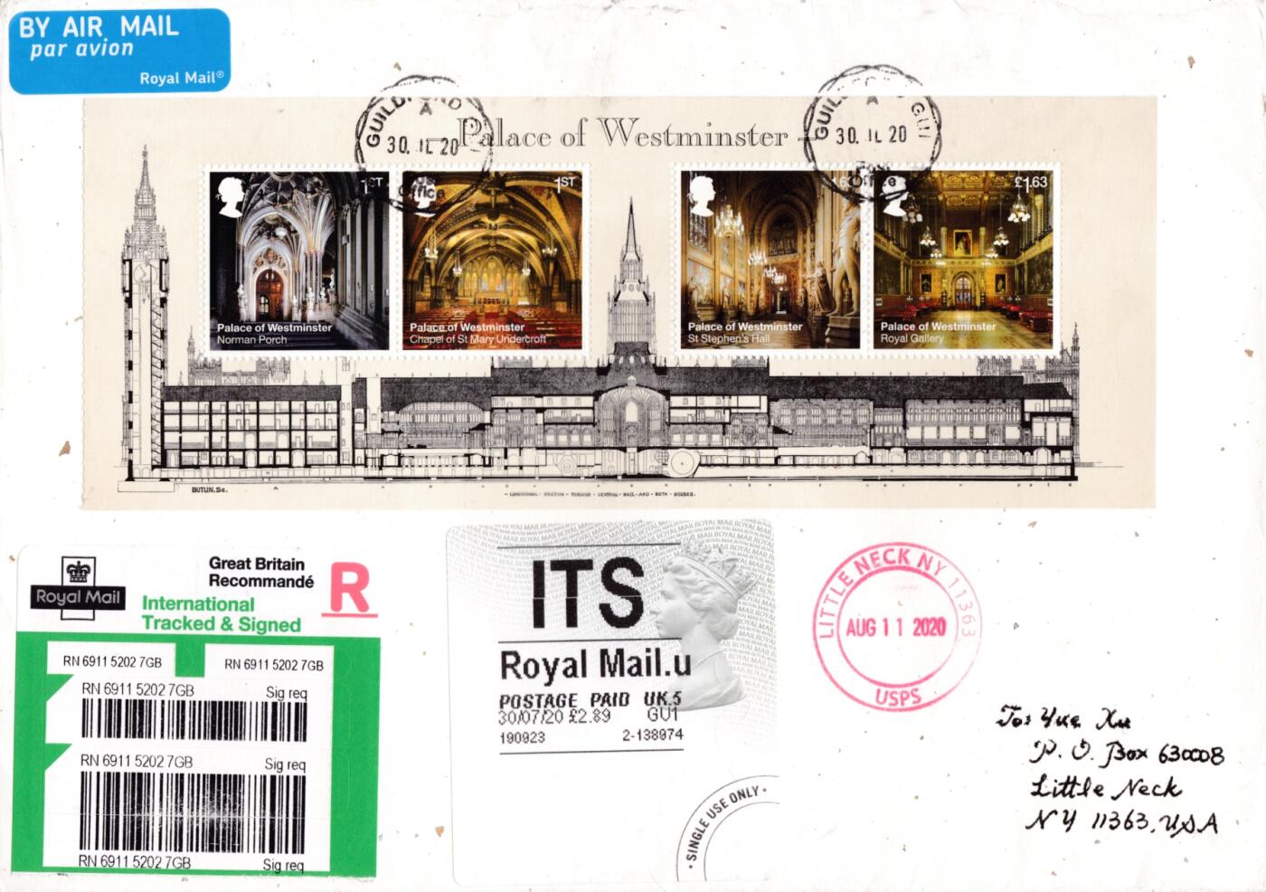 05月08日（周四）20:00法国 英国 日本 中国邮政首日实寄封专场（有抗疫邮品） 2020英国《威斯敏斯特宫》小全张 女王头邮资标签补资 和纸信封首日挂寄美国 一套一枚