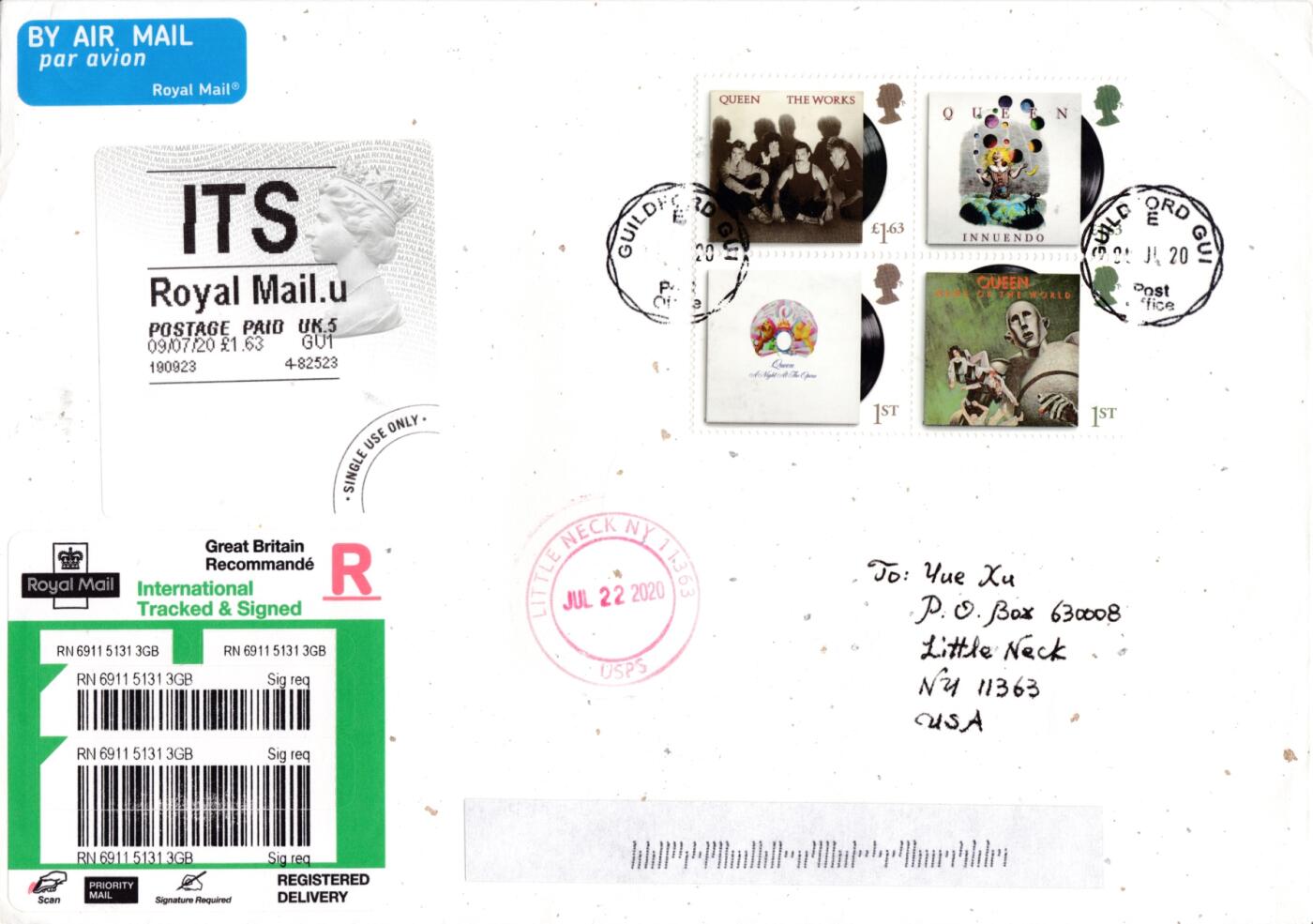 05月08日（周四）20:00法国 英国 日本 中国邮政首日实寄封专场（有抗疫邮品） 2020英国《皇后乐队》套票 女王头邮资标签补资 首日挂寄美国 一套2枚