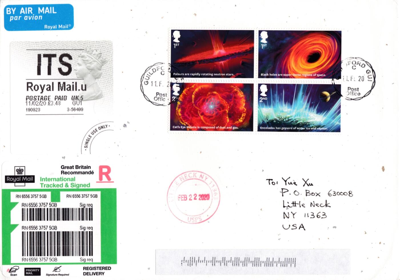 05月08日（周四）20:00法国 英国 日本 中国邮政首日实寄封专场（有抗疫邮品） 2020英国《宇宙奇观》套票 女王头邮资标签补资 和纸信封首日挂寄美国 一套2枚