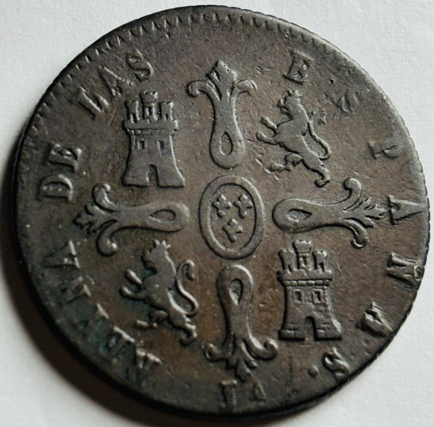 文馨钱币收藏第 242 场，各国古铜币，英系场 1847 年西班牙伊莎贝拉 8M 老铜币