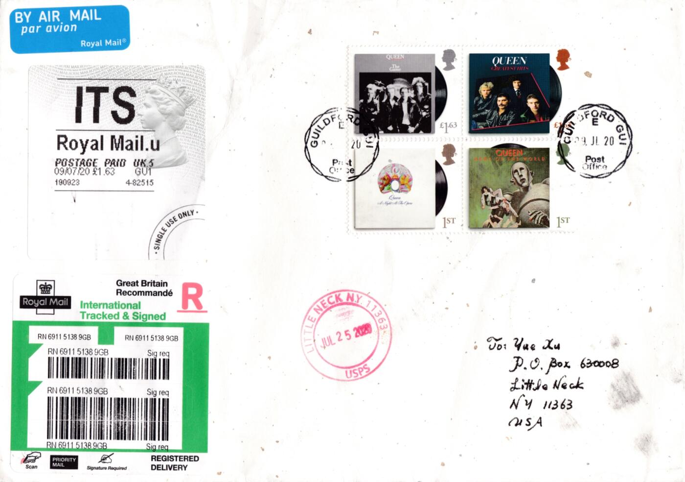 05月08日（周四）20:00法国 英国 日本 中国邮政首日实寄封专场（有抗疫邮品） 2020英国《皇后乐队》套票 女王头邮资标签补资 首日挂寄美国 一套2枚