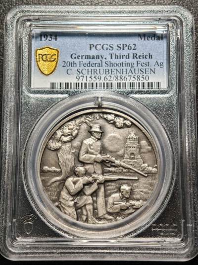 【德藏】世界币章拍卖第128期（拍品征集中~欢迎藏友联系） -  1934年 德国第三帝国莱比锡联邦射击节纪念银章 PCGS SP62