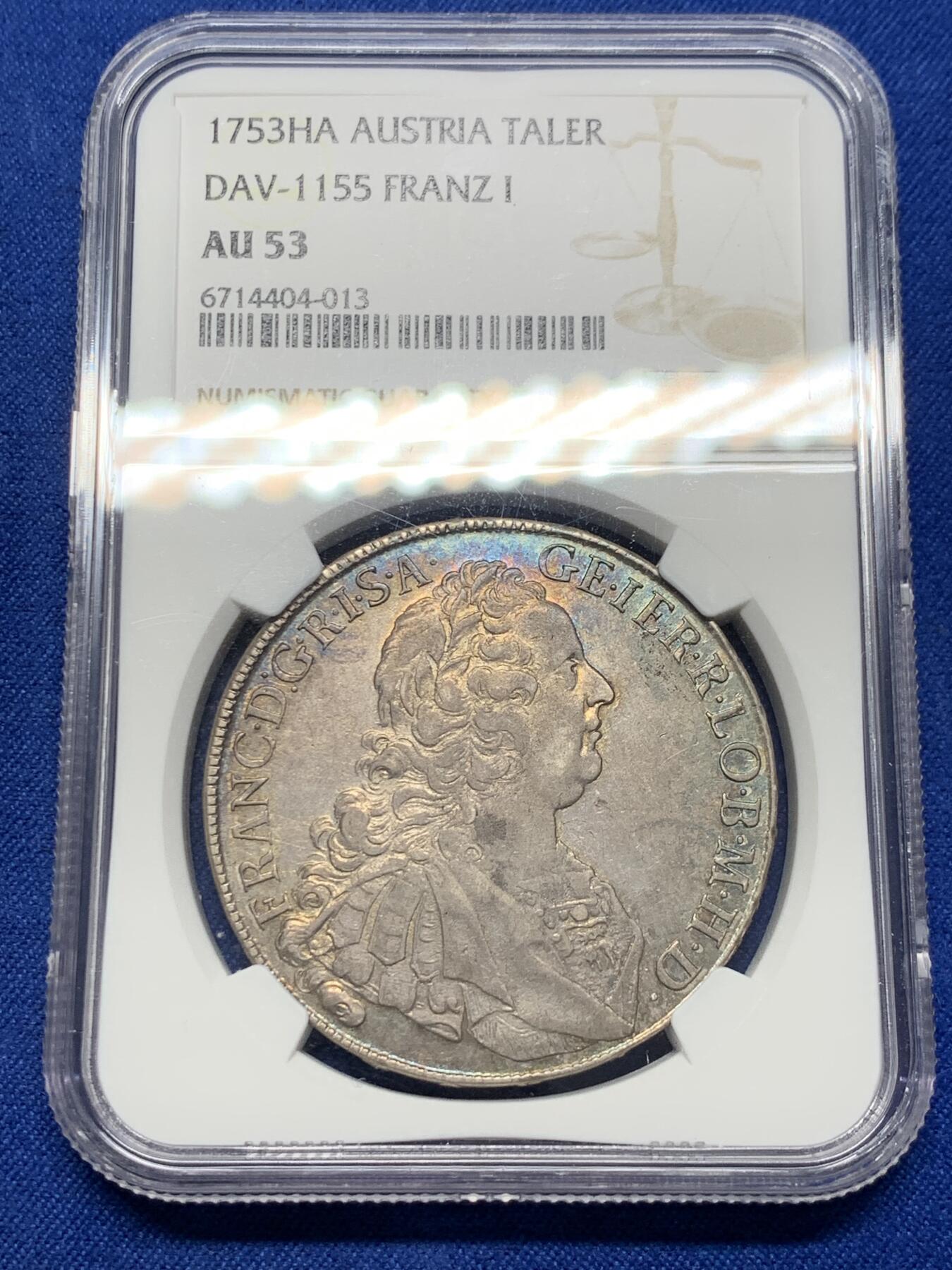 《竞宝斋》第378场 周日，周一 2场连拍 （全场包邮） NGC AU53 神圣罗马帝国 1753 弗朗茨一世 泰勒大银币 环彩包浆漂亮的