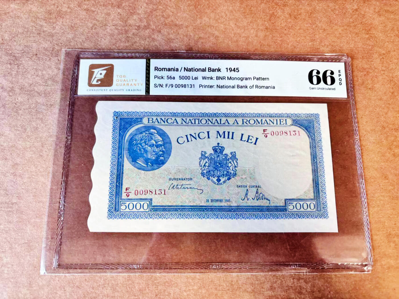 【Blue Auction】世界纸币精拍第659期【精】——16级TOP拍卖/信誉/品质/专业/高效💫 【无47】罗马尼亚 1945年5000雷 TQG66EPQ 