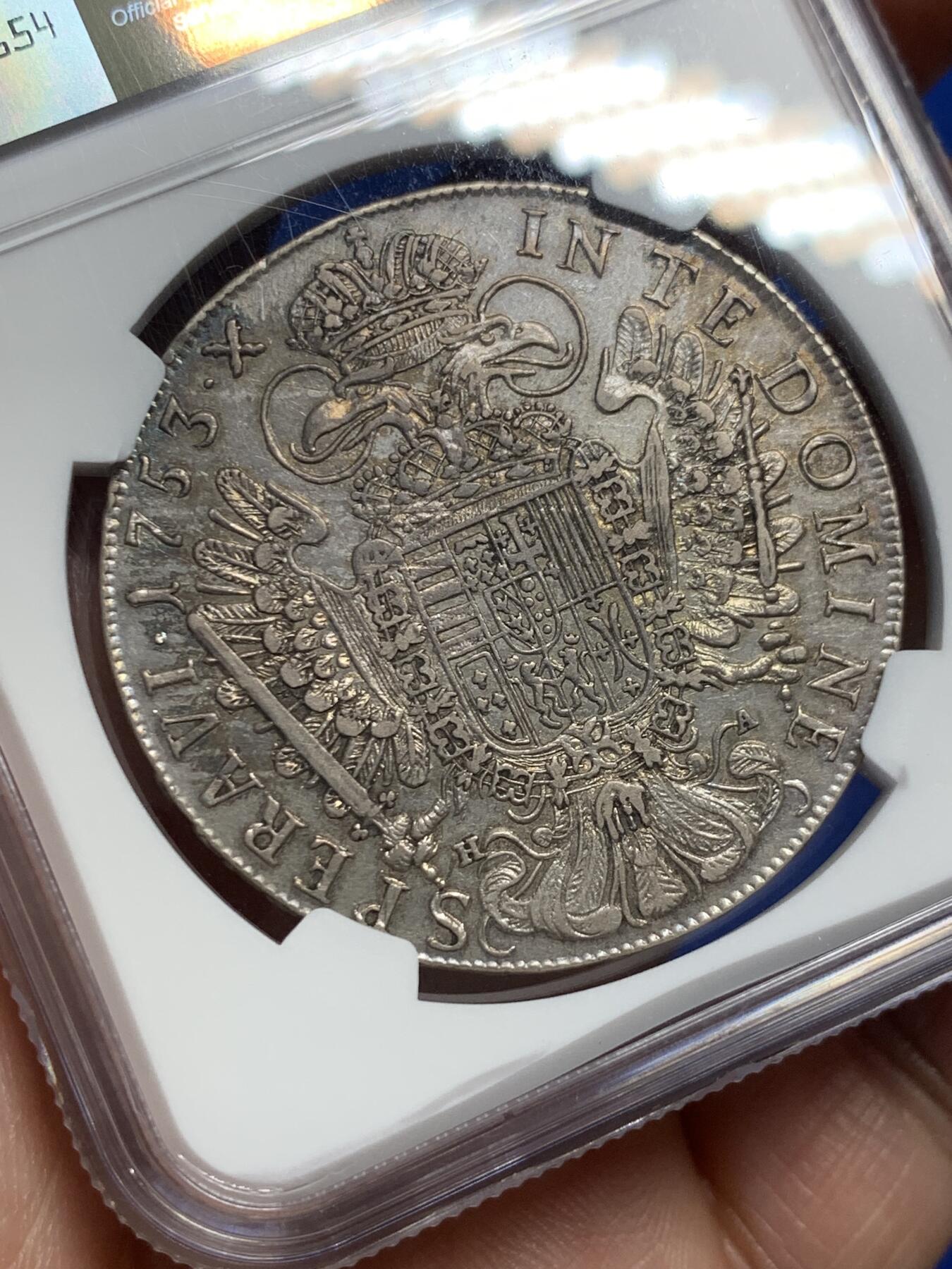 《竞宝斋》第378场 周日，周一 2场连拍 （全场包邮） NGC AU53 神圣罗马帝国 1753 弗朗茨一世 泰勒大银币 环彩包浆漂亮的