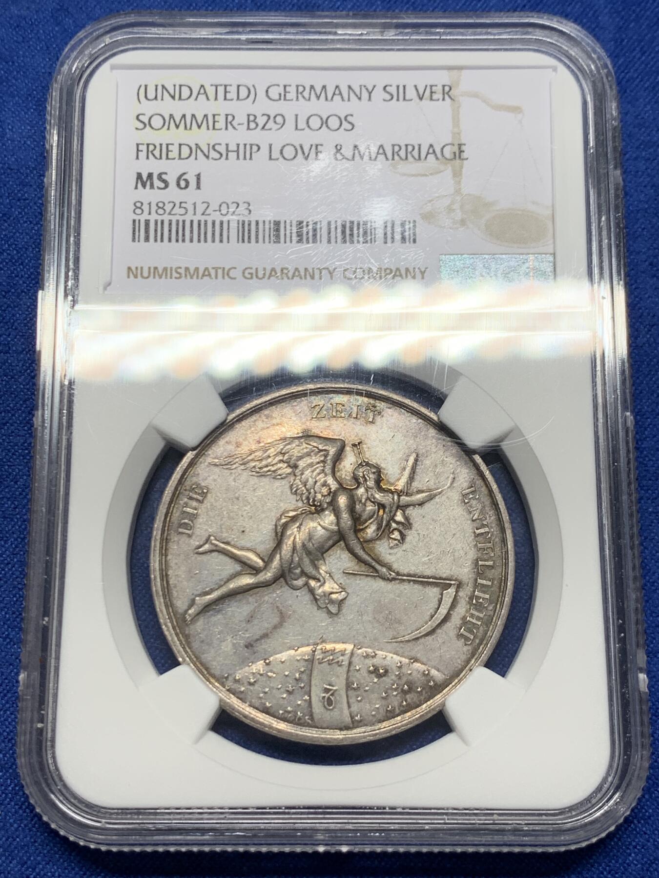 《竞宝斋》第378场 周日，周一 2场连拍 （全场包邮） NGC MS61 德国“博爱永恒”银章，手持镰刀的时间之神柯罗诺斯，老loos名家雕刻，约36mm，罕见款