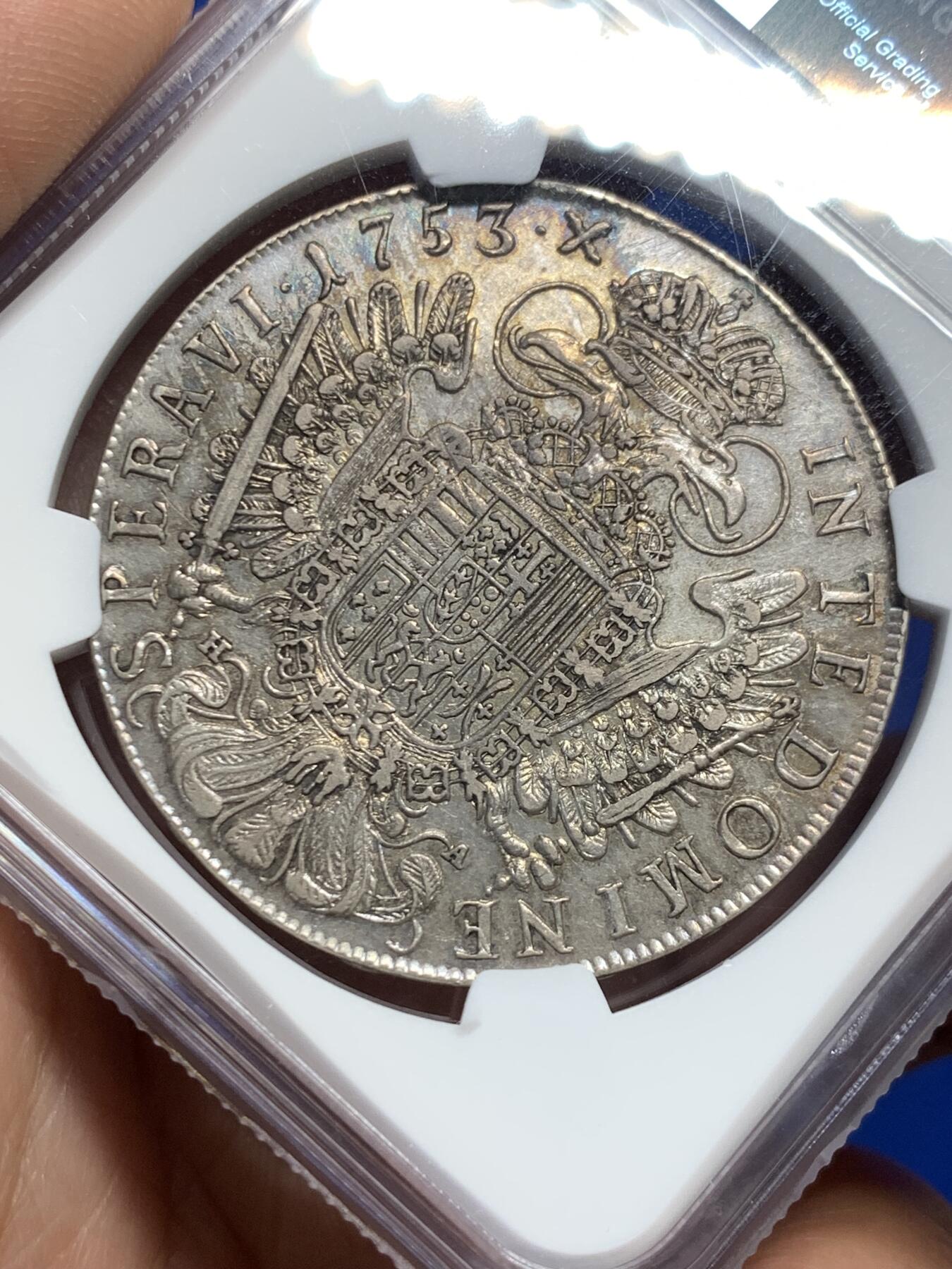 《竞宝斋》第378场 周日，周一 2场连拍 （全场包邮） NGC AU53 神圣罗马帝国 1753 弗朗茨一世 泰勒大银币 环彩包浆漂亮的