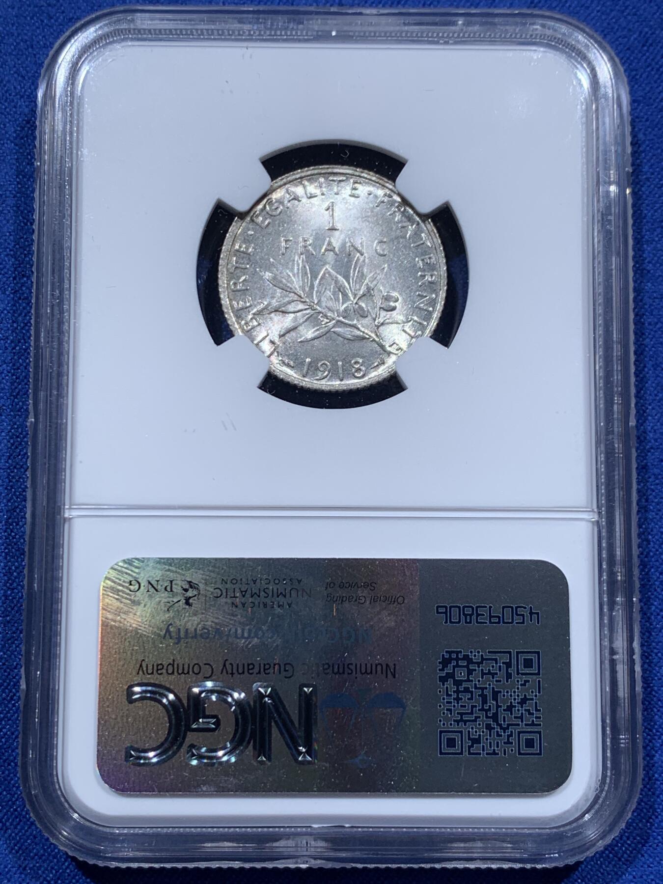 《竞宝斋》第378场 周日，周一 2场连拍 （全场包邮） NGC MS63 法国1918年谷物女神1法郎银币