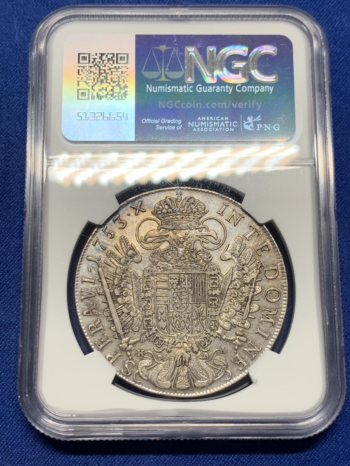 《竞宝斋》第378场 周日，周一 2场连拍 （全场包邮） NGC AU53 神圣罗马帝国 1753 弗朗茨一世 泰勒大银币 环彩包浆漂亮的