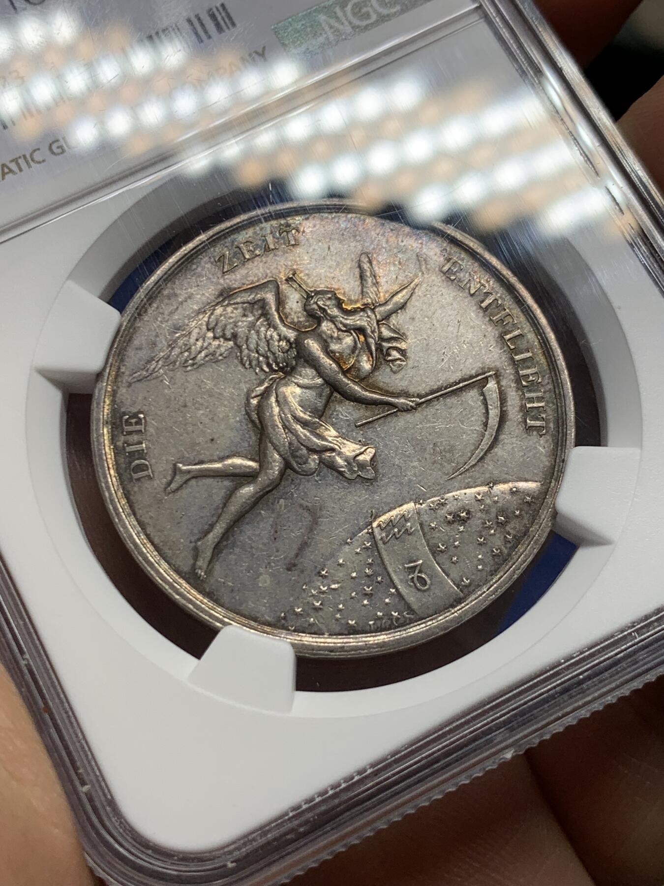 《竞宝斋》第378场 周日，周一 2场连拍 （全场包邮） NGC MS61 德国“博爱永恒”银章，手持镰刀的时间之神柯罗诺斯，老loos名家雕刻，约36mm，罕见款