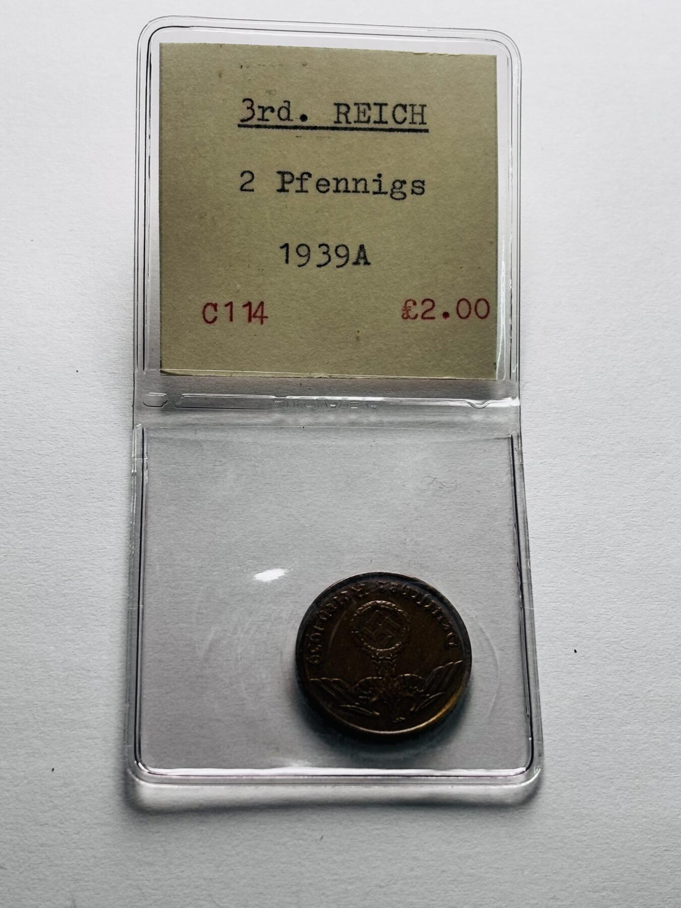 文馨钱币收藏第 242 场，各国古铜币，英系场 出自老藏家手里，1939 年德三 2 芬尼铜币A 厂