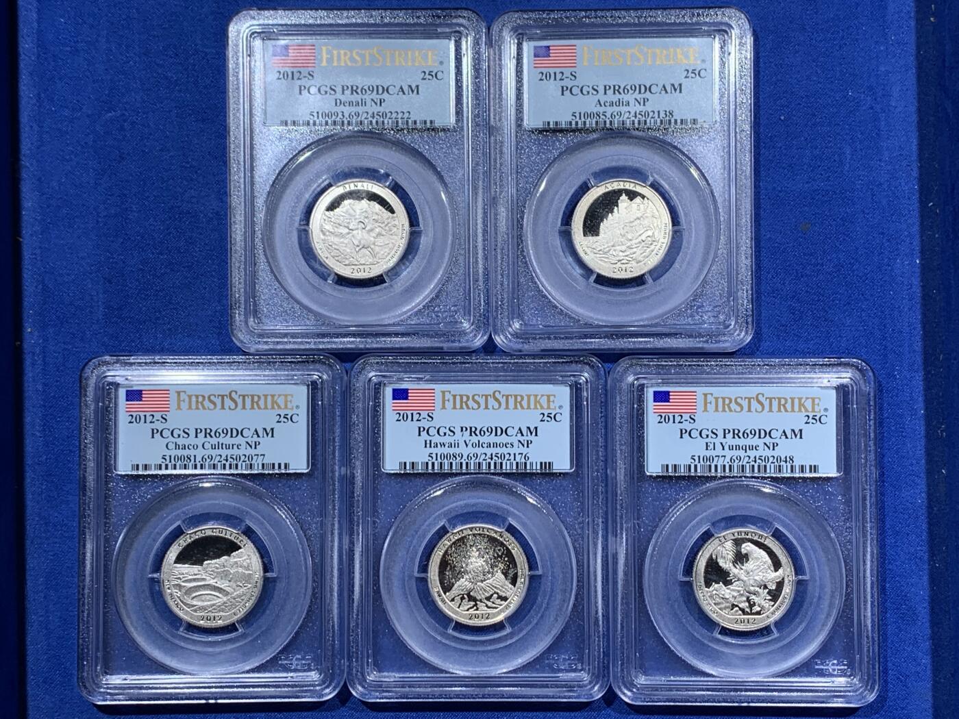 《竞宝斋》第378场 周日，周一 2场连拍 （全场包邮） PCGS PR69DCMA 2012年公园银币一套五枚，2012年是美国公园系列钱币中最少的一套！较少见。