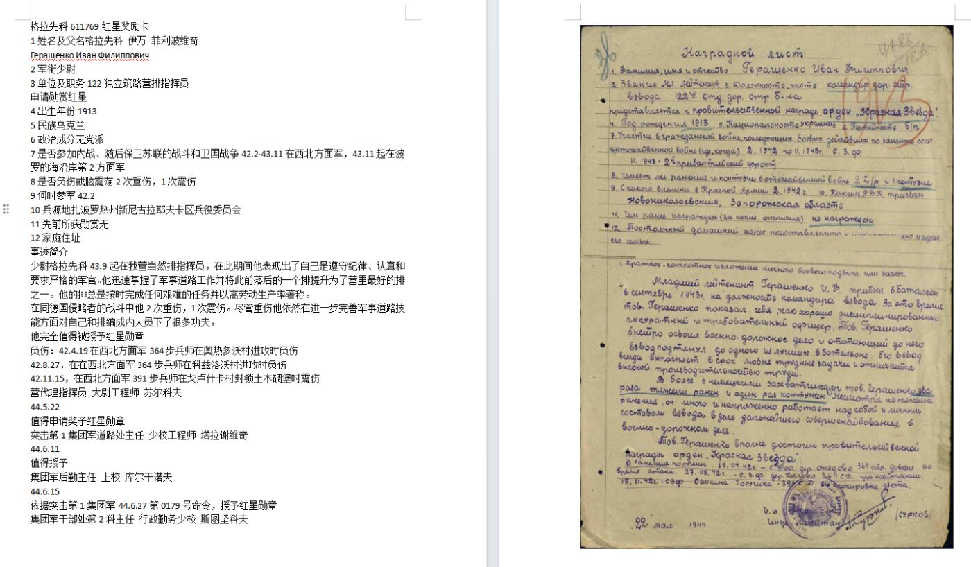 苏联勋章奖章5月8日晚上九点结束在麦稀奇 找不到的加我qq或者微信都是184277308备注苏章拍卖。最好加微信群每次都会通知还有提前可以一口价的 最近会持续拍卖一些东西。 苏联二战红星勋章 611769 早期 六位数 好品无磕碰 有几个划痕 Геращенко Иван Филиппович 少尉 122独立筑路营排指挥员 42年早期多次负伤 得到的这枚红星 