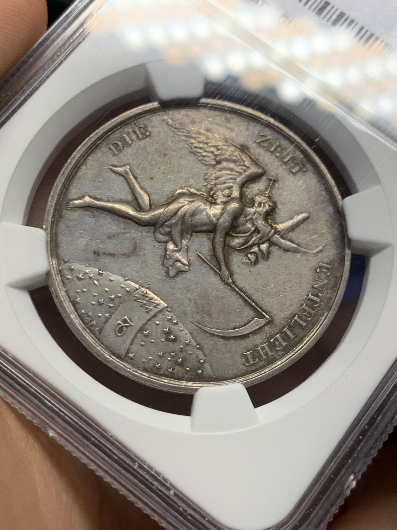 《竞宝斋》第378场 周日，周一 2场连拍 （全场包邮） NGC MS61 德国“博爱永恒”银章，手持镰刀的时间之神柯罗诺斯，老loos名家雕刻，约36mm，罕见款