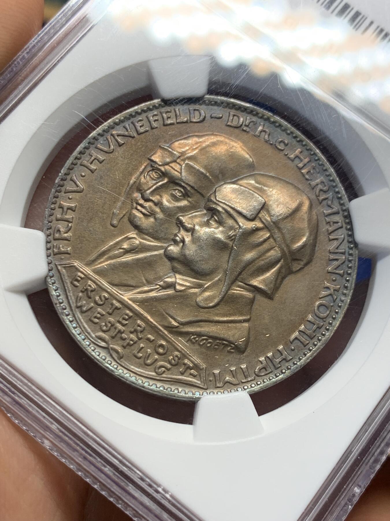《竞宝斋》第379场 周日，周一 2场连拍 （全场包邮） NGC UNCD 德国1928年不莱梅号第一次欧洲美洲飞行纪念银章 章牌大师卡尔歌茨作品