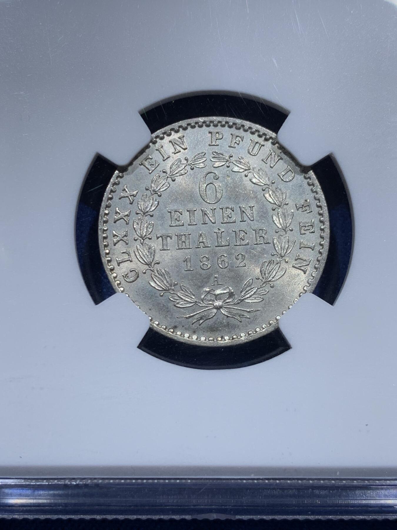 《竞宝斋》第379场 周日，周一 2场连拍 （全场包邮） NGC MS63 德国1862A 安哈特贝恩堡六分之一泰勒银币。小熊爬墙泰勒！少见高分。