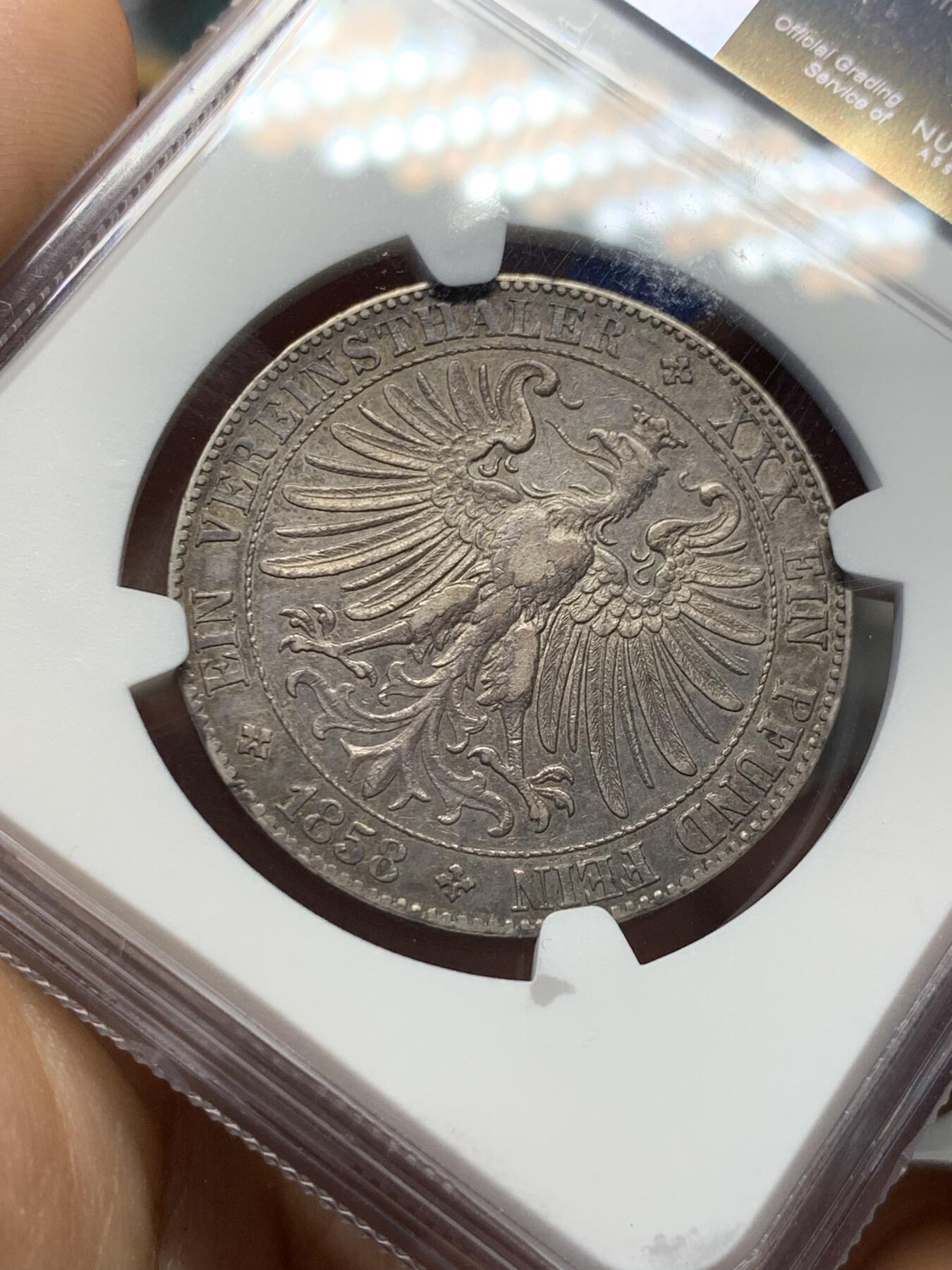 《竞宝斋》第379场 周日，周一 2场连拍 （全场包邮） NGC AU 德国法兰克福1858年教堂版少女泰勒，少女泰勒易得，教堂版难寻。单年品种，发行量一万余枚，传世包浆。