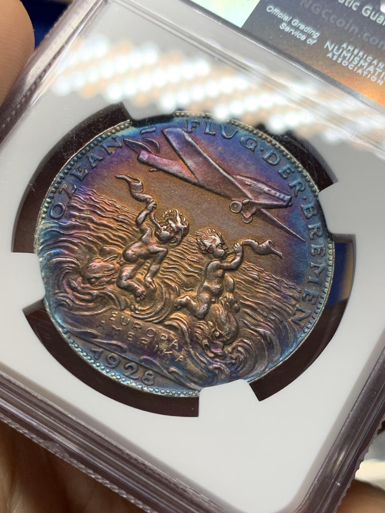 《竞宝斋》第379场 周日，周一 2场连拍 （全场包邮） NGC UNCD 德国1928年不莱梅号第一次欧洲美洲飞行纪念银章 章牌大师卡尔歌茨作品