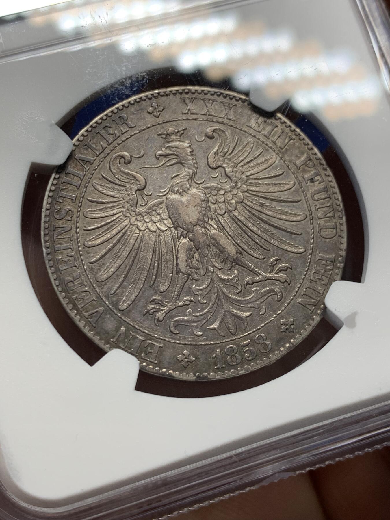 《竞宝斋》第379场 周日，周一 2场连拍 （全场包邮） NGC AU 德国法兰克福1858年教堂版少女泰勒，少女泰勒易得，教堂版难寻。单年品种，发行量一万余枚，传世包浆。